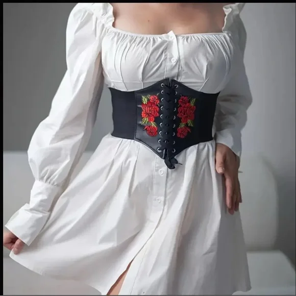 New rose embroidered faux leather elastic stretch belt waist cinch - Picture 2 of 5